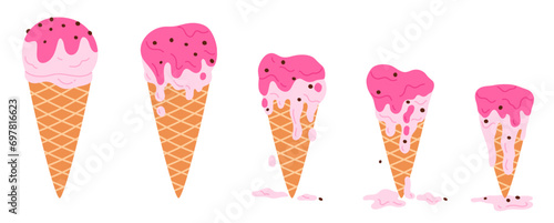 Ice cream melts set, sequence game animation of melting frozen yogurt or pink sundae ball in waffle cone. Animated stages of dripping soft ice cream, melted dessert cartoon vector illustration