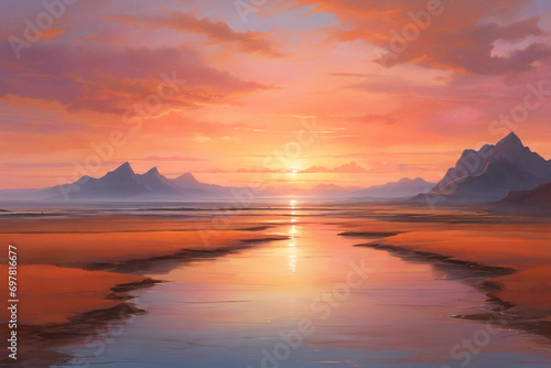 Capture the serene beauty of a sunset, where the sky is painted with warm hues of orange and pink, casting a mesmerizing glow over the landscape.