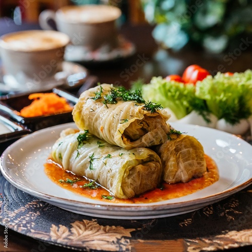 Stuffed cabbage, delicious food in a cafe on the table. photo