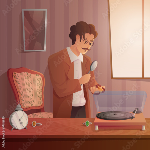 Pawnshop service, appraisal of value vector illustration. Cartoon pawnbroker character standing behind shop counter, man looking through magnifying glass at old expensive wrist watch to estimate cost