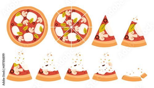 Eaten pizza set of animation sequence. Whole round pie with tomato sauce and Mozzarella cheese, cut into triangle pieces for eating, bitten pizza slices disappear in crumbs cartoon vector illustration