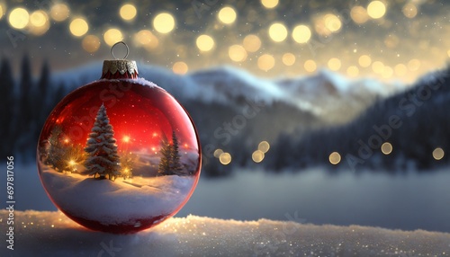 Paesaggio natalizio con palla di vetro e albero di Natale photo