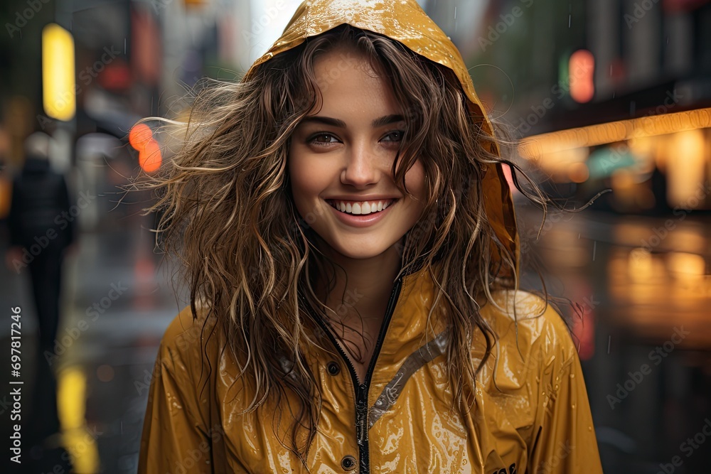 Portrait of a smiling happy woman in rainy city New York, walking down the sidewalk, wearing fashionable clothing