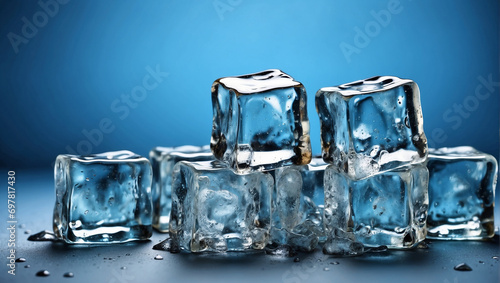 Ice Cubes on a Blue Background. backdrop with copy space