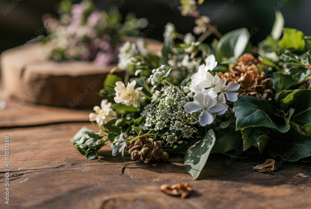 a table with flowers and an easter wreath a table with flowers and an easter wreath