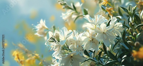 a white flower bouquet in front of blue sky
