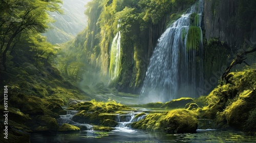 a forest on a waterfall