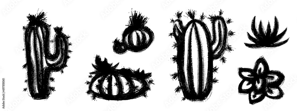 Set of decorative doodles of cacti, succulents.Vector graphics. - obrazy, fototapety, plakaty 