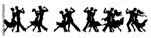 Vector illustration. Silhouette of dancing people. Couple of lovers. Tango waltz.