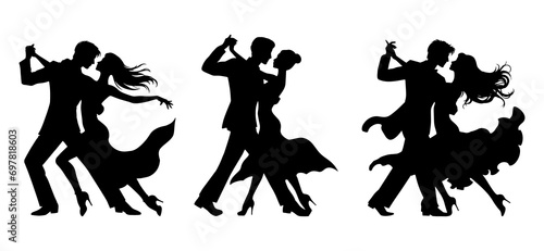 Vector illustration. Silhouette of dancing people. Couple of lovers. Tango waltz.