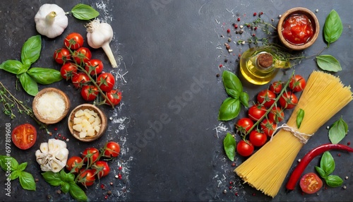 Italian food background on dark featuring food background. text space