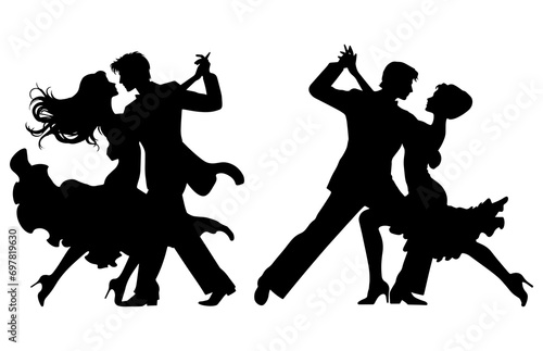 Vector illustration. Silhouette of dancing people. Couple of lovers. Tango waltz.