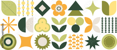 Geometric food pattern. Abstract mosaic nature elements, fruit plants organic shapes  minimal layout banners. Vector poster. Bauhaus