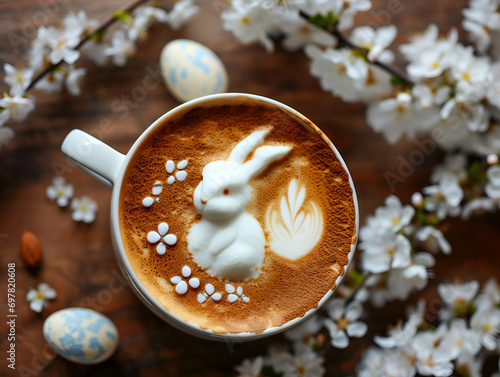 Top View of Latte Coffee with easter bunny Art Foam for easter