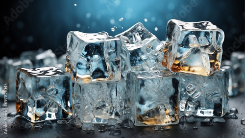 Ice Cubes and Water Drops on a Blue Background. Top view of melting ice cubes, backdrop with copy space photo