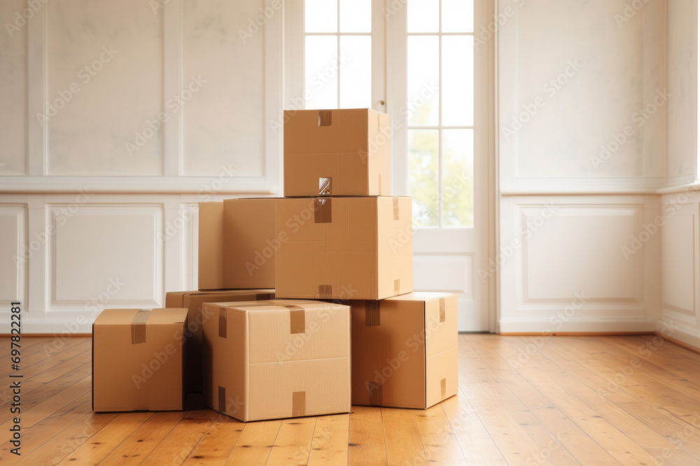 Moving house real estate concept. Boxes waiting to be unpacked on moving day Moving house real estate concept. Boxes waiting to be unpacked on moving day
