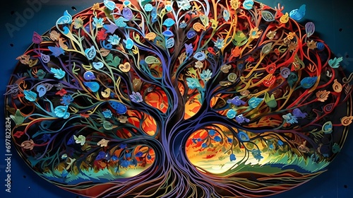 tree of life multidimensional layered papercut vivid colors ,generated with AI. High quality photo