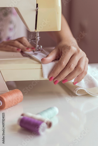 Young Female Seamstress Working at Home. Hands. Close Up. Tailoring. Details.