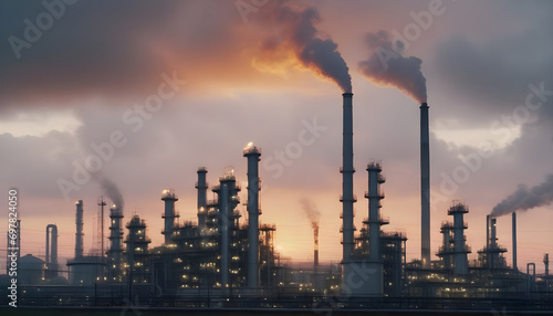 Close up Industrial view at oil refinery plant form industry zone with sunrise and cloudy sky.