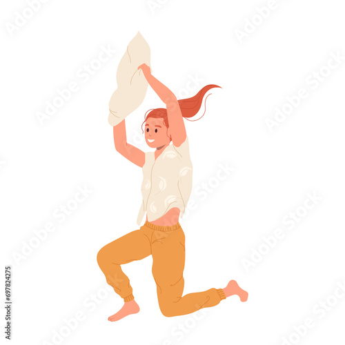 Cheerful girl cartoon character jumping with pillow fooling around with joy isolated on white