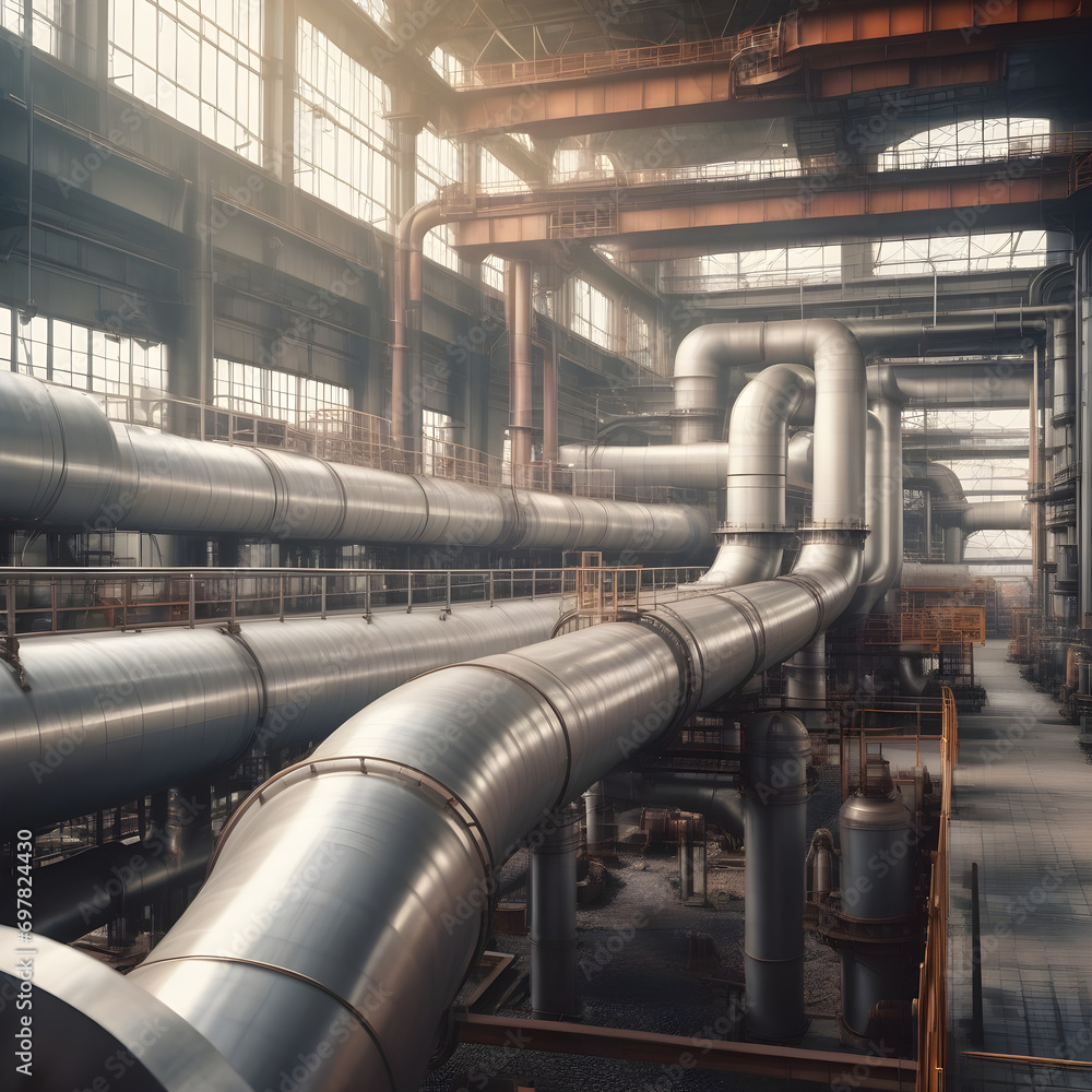Pipes, tubes, machinery and steam turbine at a power plant background, extra wide Pipes, tubes, machinery and steam turbine at a power plant background, extra wide
