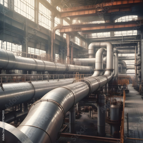 Pipes, tubes, machinery and steam turbine at a power plant background, extra wide