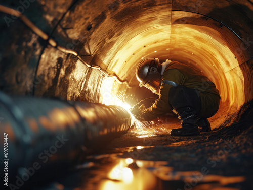 An image portraying a welder working inside a pipe for the construction of the NLG Natural Gas and Fuels Transport Pipeline, symbolizing clean and green power and energy in heavy industry. photo