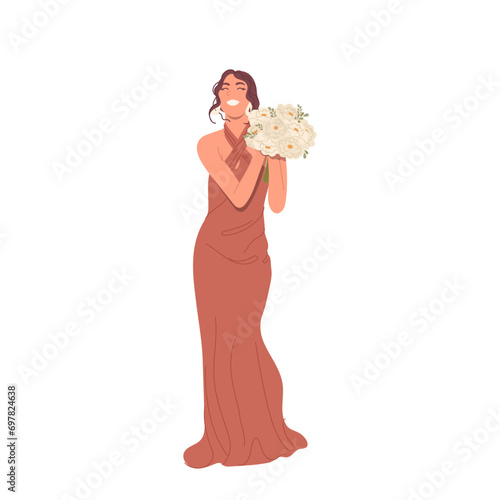 Happy excited bridesmaid cartoon character catching flower bouquet isolated on white background