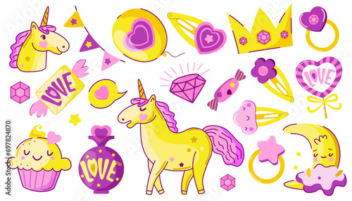 set cute Unicorns and pink and gold princess accessories vector illustration. children's illustrations for birthdays, invitations, baby shower cards.