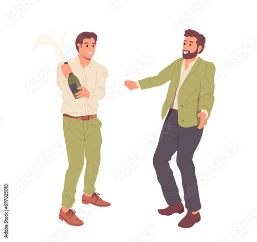Happy male friends cartoon characters celebrating success uncorking bottle of champagne
