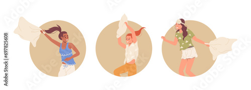 Isolated round composition with happy overjoyed woman cartoon characters battling with pillow
