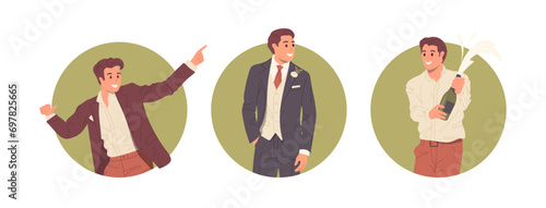 Isolated composition set of round avatar with happy man cartoon character celebrating stag-party