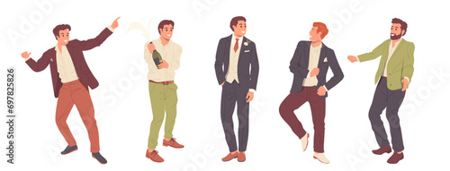 Bachelor party cartoon characters wearing festive suit standing in different poses isolated on white