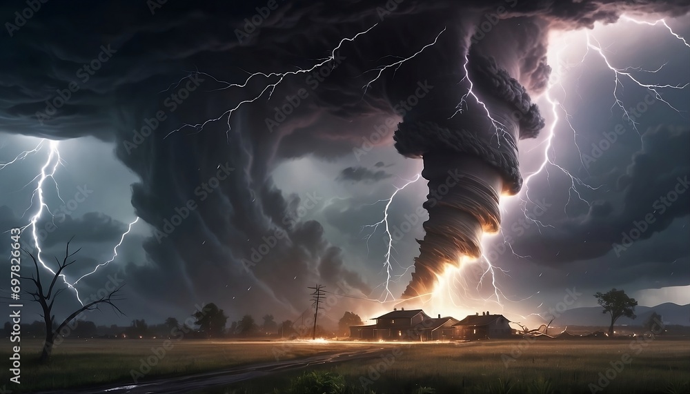 A destructive tornado touches the ground. Lightning strikes during a ...