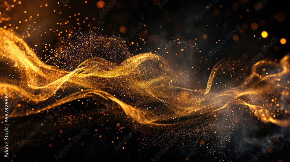 Waves of gold sand and gold particles on a black background - obrazy, fototapety, plakaty 