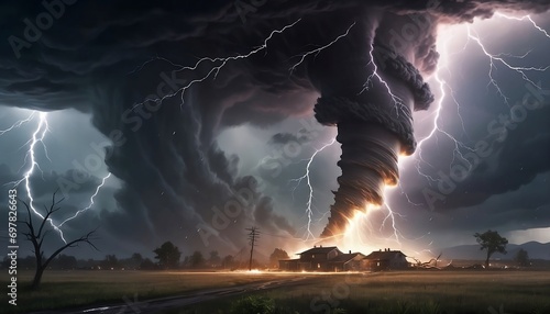 A destructive tornado touches the ground. Lightning strikes during a thunderstorm. Generative AI
