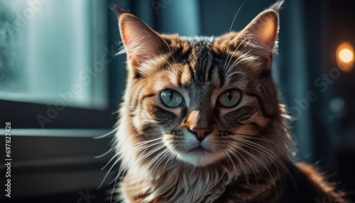  a cat sitting on a window sill looking at the camera with a blurry look on it's face, with a blurry light coming from the window behind it. © Jevjenijs