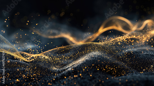 Waves of gold sand and gold particles on a black background