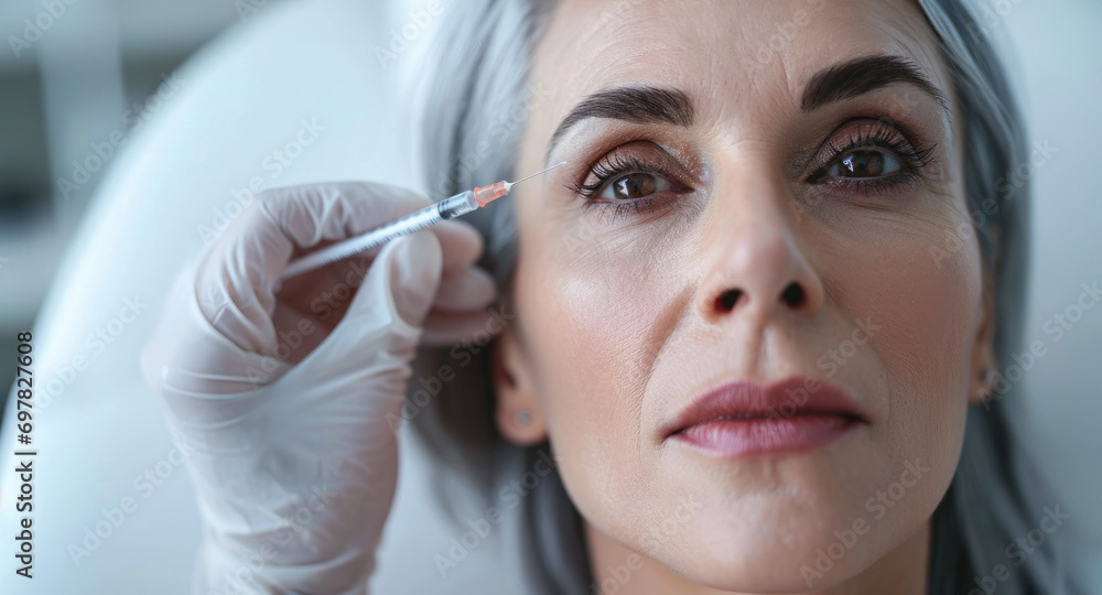 Cosmetic surgeon gives Botox, a rejuvenating injection in the face to maintain the beauty of an aging woman Cosmetic surgeon gives Botox, a rejuvenating injection in the face to maintain the beauty of an aging woman