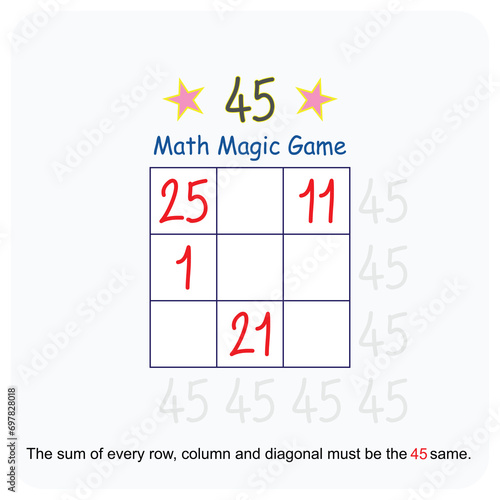 Magic math game. (Magic square)  Recreational mathematics and educational series vector illustration.