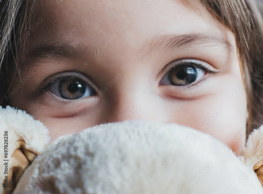 Little girl hugging teddy bear, closeup of her face Little girl hugging teddy bear, closeup of her face