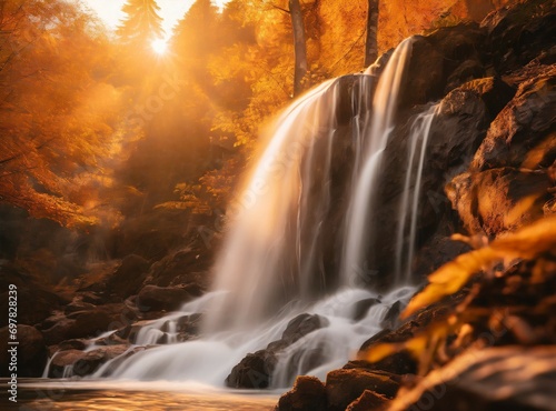 Waterfall on fall autumn season  yellow and orange leaves forest background