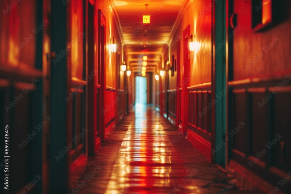 A long hallway with red walls and bright lights. Ideal for use in architectural or interior design projects