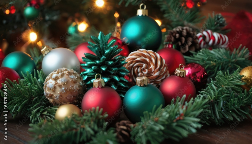  a pile of christmas ornaments sitting on top of a wooden table next to a christmas tree with lights on it and a pine cone in the center of the picture.