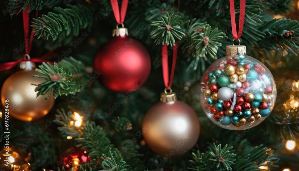 a close up of a christmas tree with ornaments hanging from it's branches and a red ribbon hanging from the top of the ornament of the tree. a close up of a christmas tree with ornaments hanging from it's branches and a red ribbon hanging from the top of the ornament of the tree.