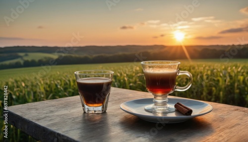  two glasses of tea sit on a table in front of a field of green grass and a plate with a piece of chocolate on it and a piece of biscuit on the plate.