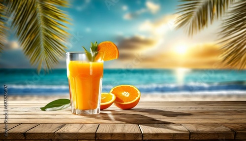 Fresh orange juice glass on a wooden table top with blurred tropical palm leaves and summer beach