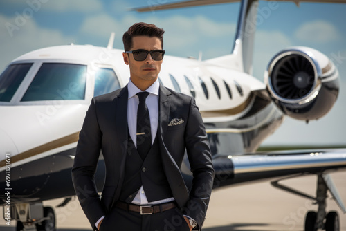 Portrait of male pilot in business suit, businessman near the plane
