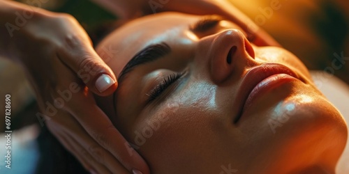 A woman receiving a relaxing facial massage at a spa. Ideal for promoting self-care and beauty treatments photo