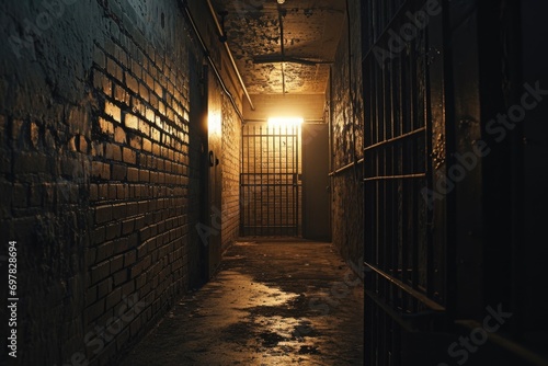 A dimly lit hallway that leads to a jail cell. This image can be used to depict a prison, incarceration, or confinement © Fotograf